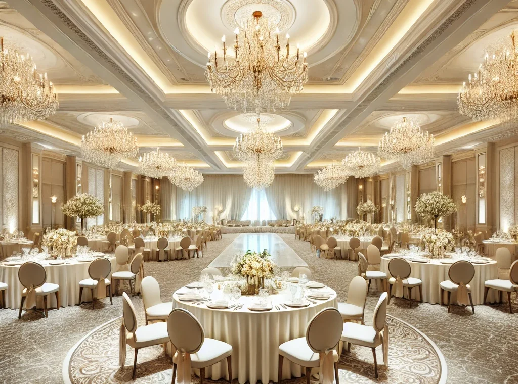 DALL·E 2024-07-23 18.47.42 - A very clean and elegant banquet wedding hall with plush carpet flooring. The hall is spacious and beautifully decorated with chandeliers, round table