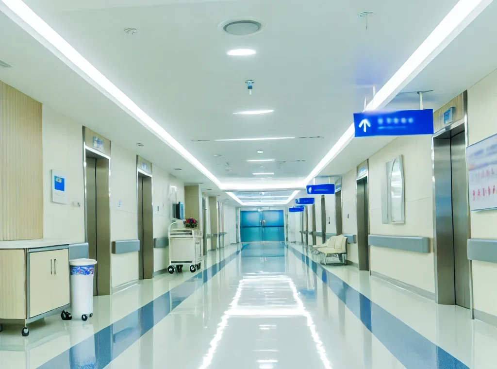 DALL·E 2024-07-23 18.52.04 - A very clean hospital hallway with polished floors and bright lighting. The hallway is wide, featuring modern design elements such as sleek lines and